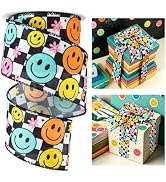 AnyDesign Boho Smile Face Wired Edge Ribbon Craft Ribbon Black White Checkered Back to School Fab...