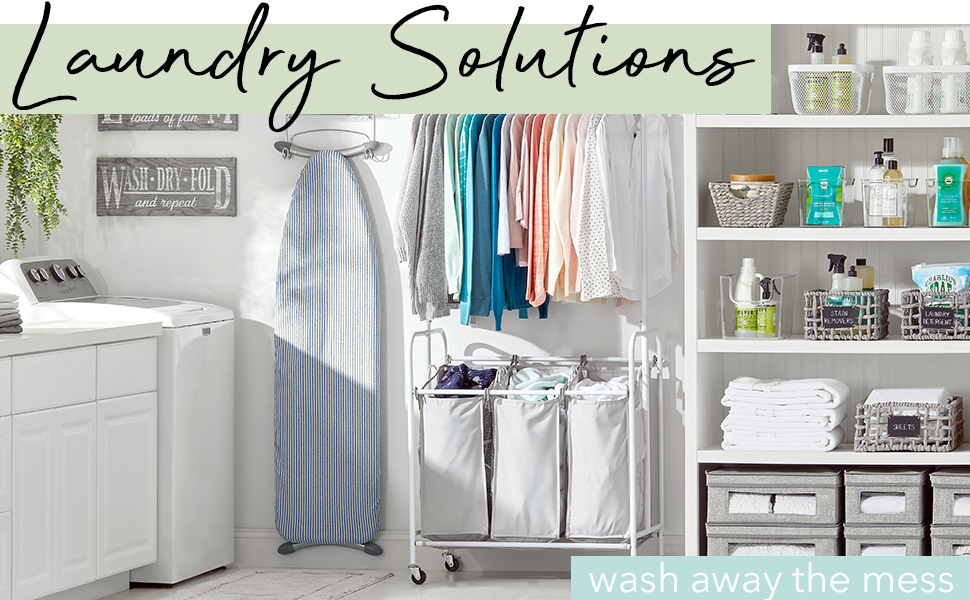 Laundry Solutions Heading, washer, ironing board, clothes, hamper, shelves, baskets holding bottles