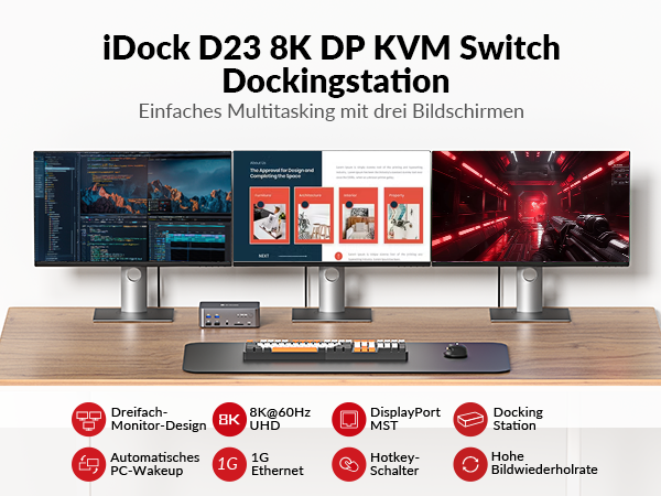 iDock D23 8K DP KVM Switch docking station setup with three monitors displayed on wooden desk, featuring multiple connectivity ports and options.