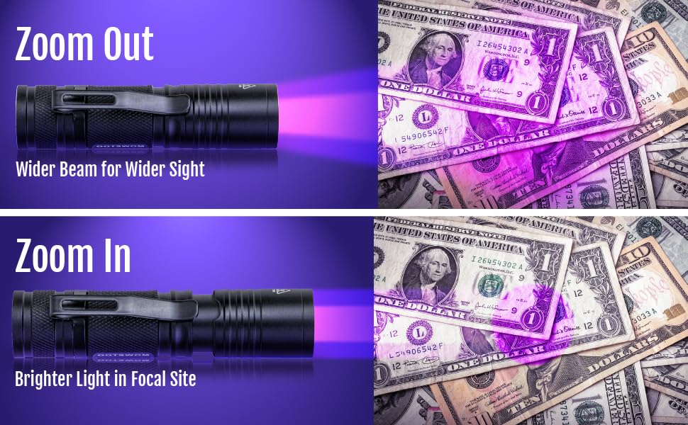 Two flashlights demonstrating zoom functionality. Top shows wide beam, bottom shows focused beam. Both illuminate US dollar bills with purple light.