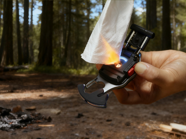 Cigarette lighter that ignites a tissue, aiding in wilderness survival and emergency situations.