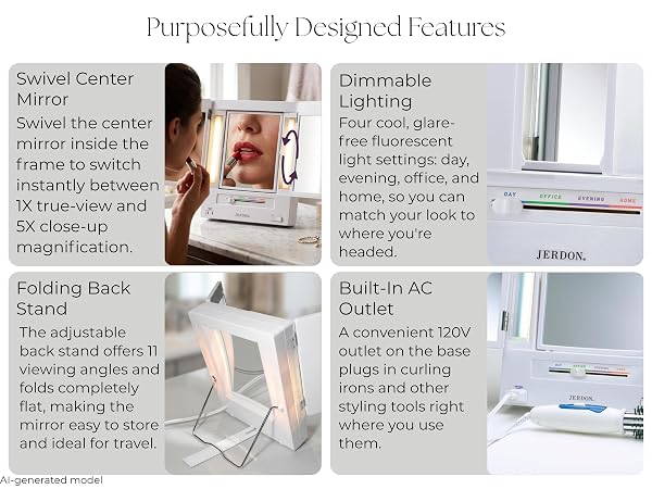 features included swivel center mirror, folding back stand, 4 light modes, and ac outlet