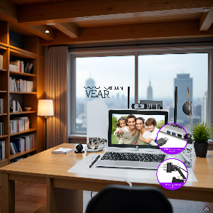 A modern desk with a laptop and the product in the foreground, surrounded by office supplies and a p
