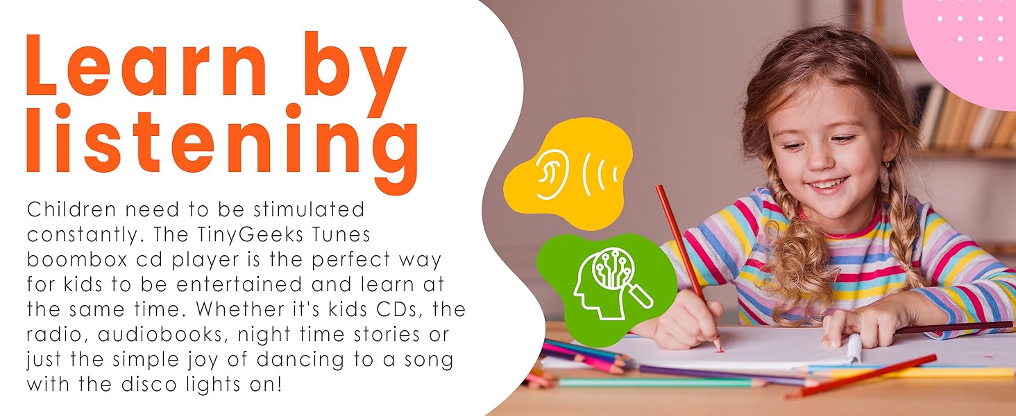 Text reads 'Learn by listening'. Educational marketing banner showing colorful graphics with music notes and children's activities. White and orange text on pink background.