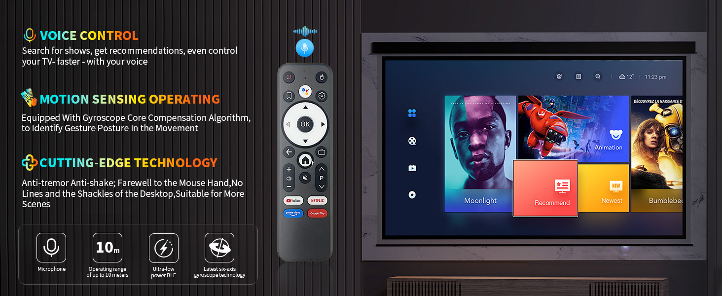 Smart TV interface display showing voice control, motion sensing, and settings menu features with a remote control device.