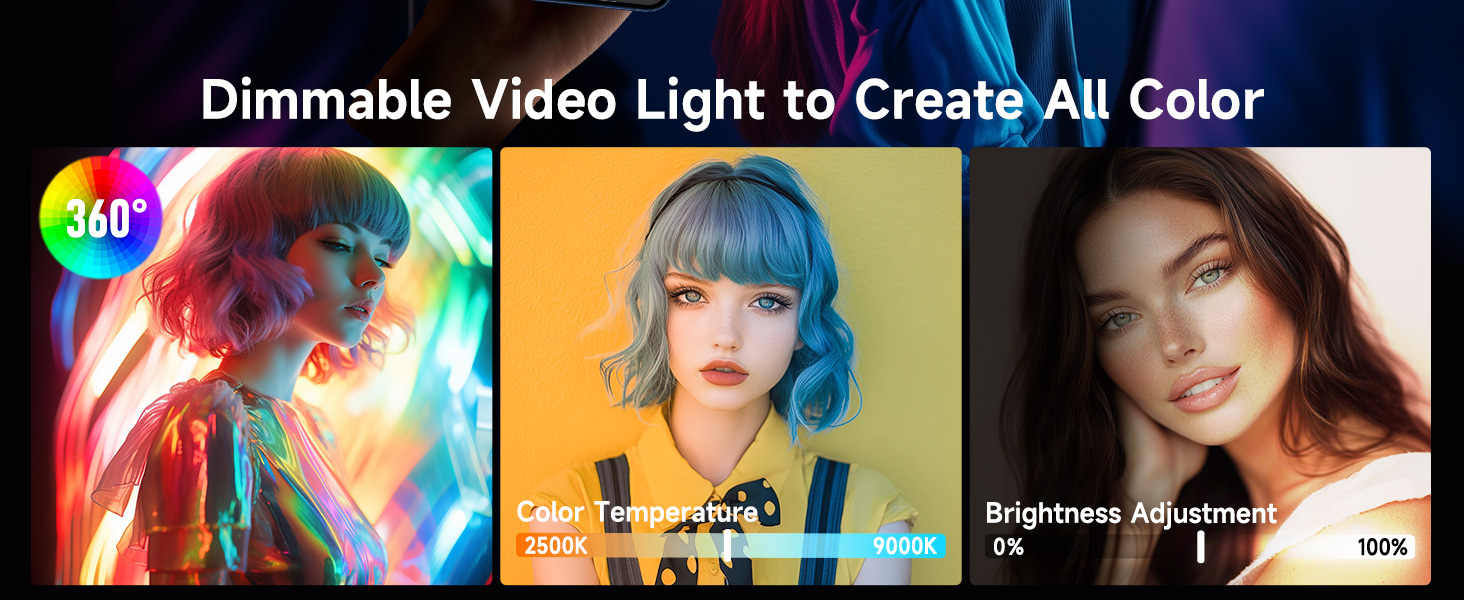 Digital interface showing video light controls with color temperature adjustment slider and brightness settings from 0-100%. Features colorful sample images demonstrating lighting effects.