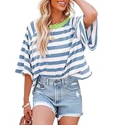 Dokotoo Tops for Women Striped 2026 Fashion T Shirts for Women Color Block Crewneck Design Loose ...