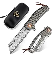 AUBEY Damascus Pocket Knife with Aluminum Handle, 3.14" Damascus Steel Folding Knife, Hollow Grin...