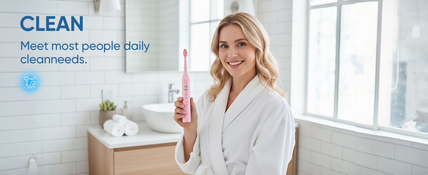 Text reads 'CLEAN' and 'Meet most people daily cleannneeds.' Bathroom setting with white fixtures and bright lighting.