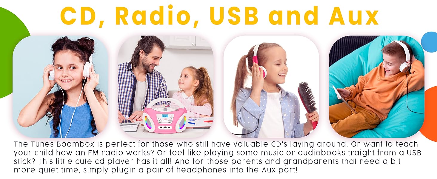 Text reads 'CD, Radio, USB and Aux'. Series of lifestyle images showing people engaged in various activities.