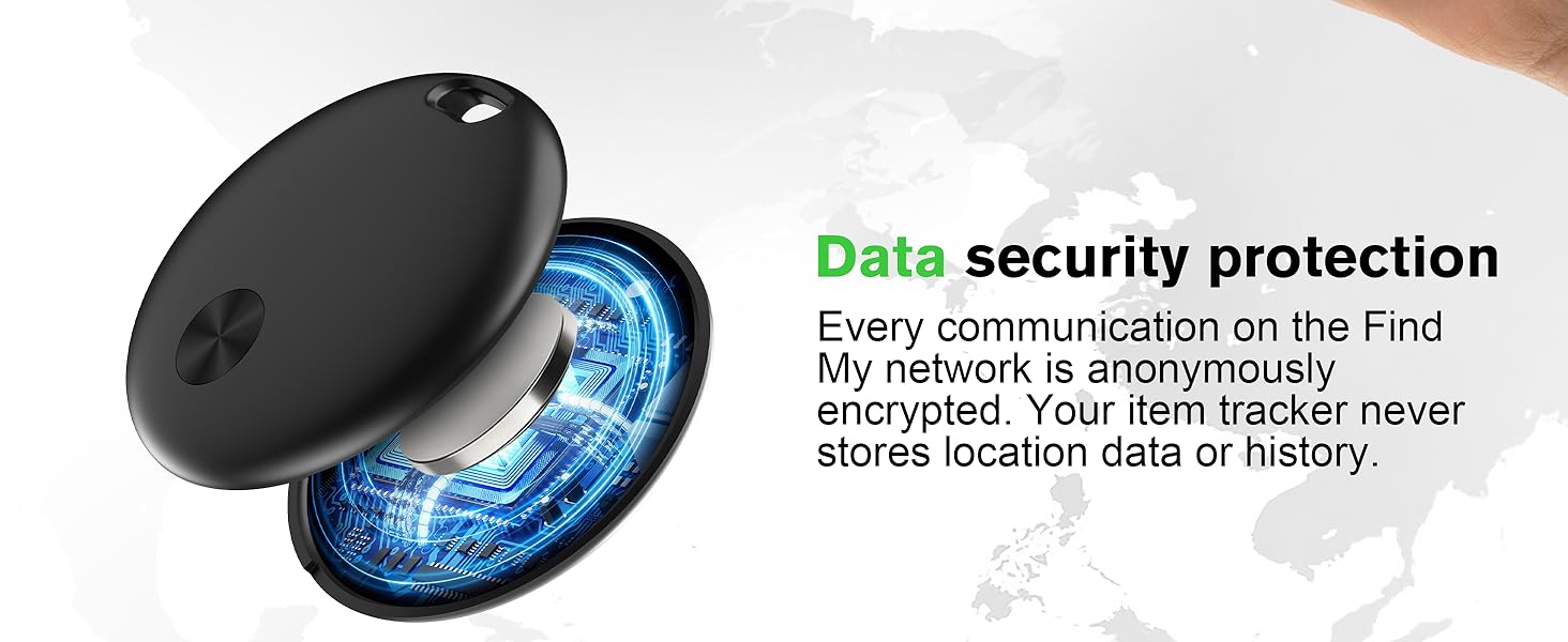 Text reads: 'Data security protection' and 'Every communication on the Find network is end-to-end encrypted. Your item tracker never stores location data or history.' Shows circular device with blue glow effect.