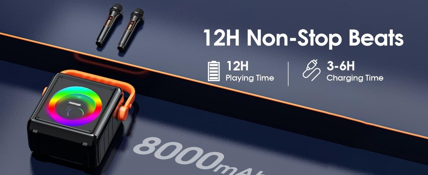 Text reads: '12H Non-Stop Beats, 12H Playing Time, 3-6H Charging Time'. Close-up product image showing electronic device with illuminated display.