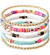 GOOJIDS Surfer Heishi Clay Bead Bracelets for Women Bohemian Stackable Gold Beaded Stretch Bracel...