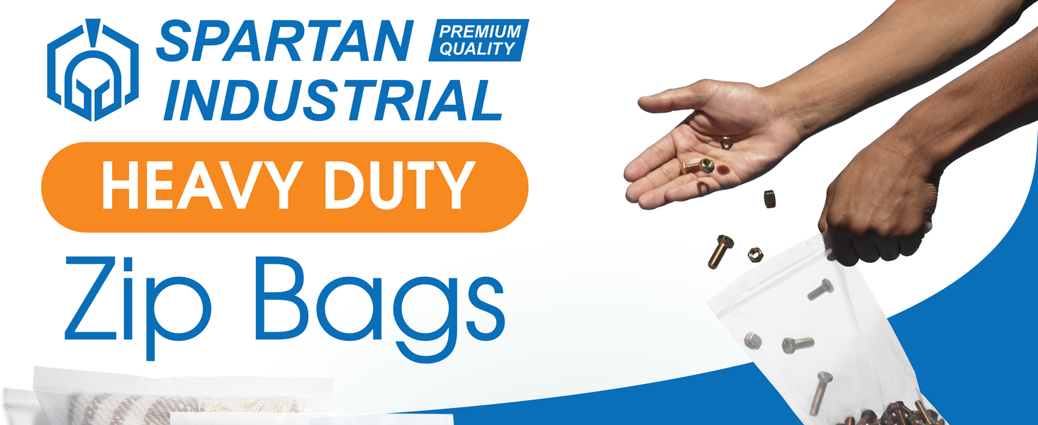 A pair of hands drop nuts and bolts in a Spartan Industrial heavy-duty zip bag on a white background
