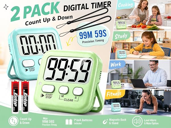 2 pack digital timer, count up &amp; down, magnetic back and stand, for cooking, study, work, exercise.
