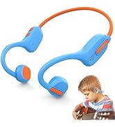 Blue and orange bone conduction headphones with curved design. Shows behind-the-ear wearing style, with demonstration of use while playing guitar.