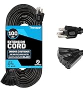 Thonapa 3 Outlets Outdoor Extension Cord 100 ft, 16/3 SJTW Black Extension Cord with Multiple Out...