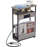 YEAKOO Narrow Side Table with Charging Station, 3-Tier End Table with 2 USB Ports &amp; Power Outlets...