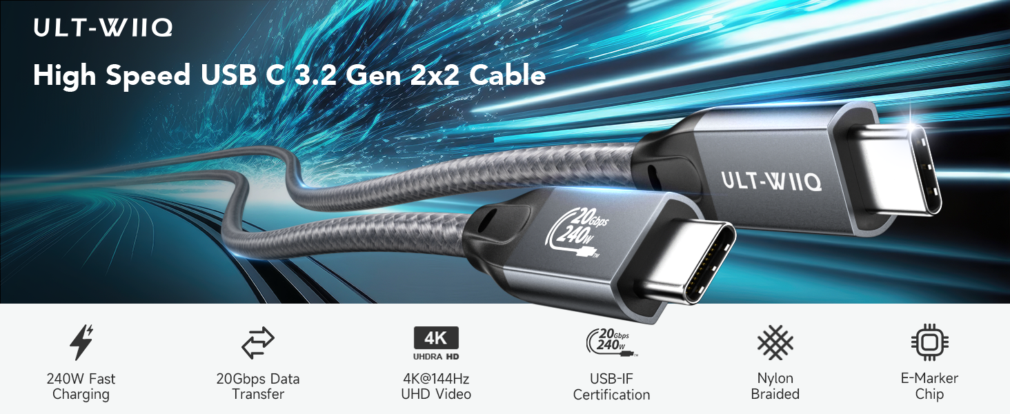 USB C Cable 3.2 gen 2x2 high speed 20gbps data transfer 4k 144Hz type-c video display monitor cable
