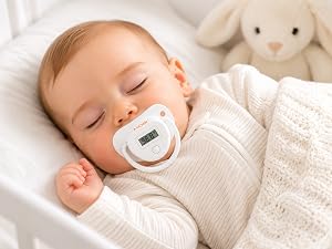 MOBI Pacifier Thermometer helping keep baby comfortable during temperature checks.