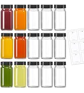 15 Pack 2 oz Glass Shot Mini Bottles w/ Black Lids &amp; 15 Labels - Small Clear Jar for Ginger, Well...