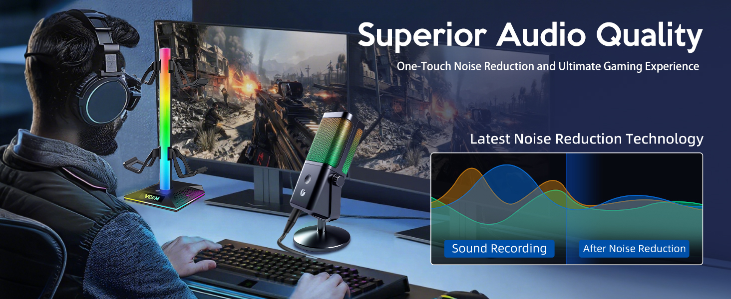 Text reads 'Superior Audio Quality' and 'Latest Noise Reduction Technology'. Blue-tinted promotional banner showing audio equipment and technical elements.