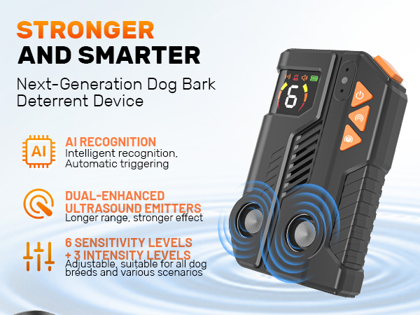 Text reads 'STRONGER AND SMARTER' and 'Next-Generation Dog Bark Deterrent Device'. Product showcase of a black electronic device with technical feature icons.