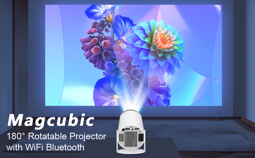 Magcubic 180° rotatable projector with WiFi Bluetooth. White device projecting colorful floral image on wall. Text describes features.