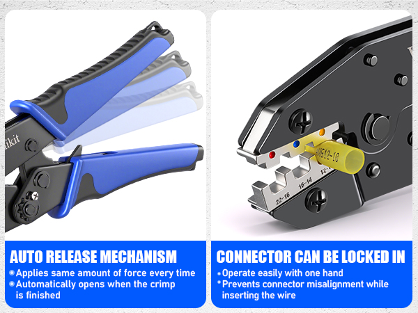 crimper with auto release mechanism and connector an be locked in