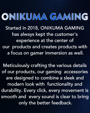 Onikuma Gaming logo and company description. Text highlights focus on gamer immersion, product quality, and customer experience since 2018.