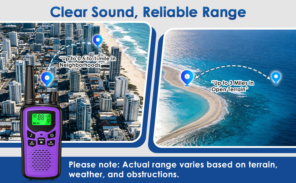 clear sound reliable range purple walkie talkies