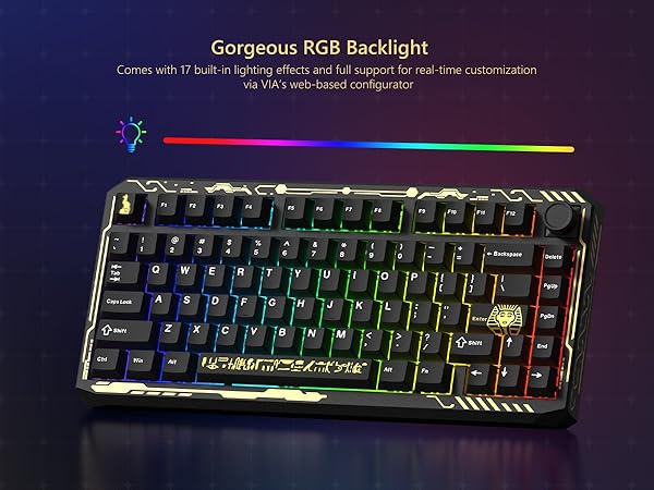 Wireless Gaming Keyboard Black with Theme and Knob, 75% Aluminum Mechanical Keyboard
