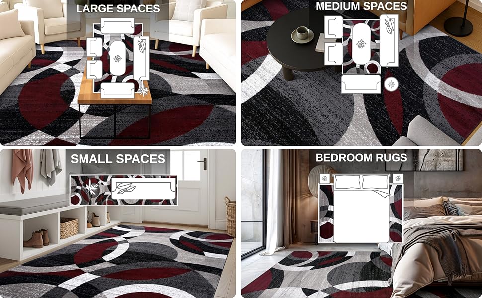 geometric modern rug in red gray tones, statement piece for trendy home décor