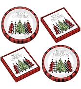 50Pcs Christmas Buffalo Plaid Tree Paper Plates and Napkins Red and Black Gingham Table Decoratio...