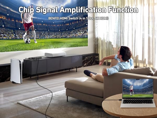 Home entertainment setup showing HDMI signal amplification feature, with projector display of soccer match and laptop connection demonstration.