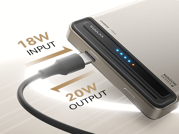 Electronic device with USB-C input and output ports. Features 18W input, 20W output, and LED indicator lights. Likely a power bank or charging adapter.