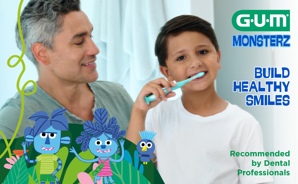 Father, son brushing