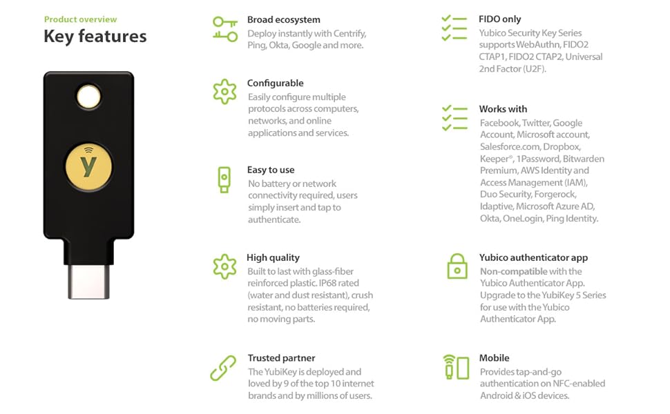 A list of key features including wireless support, durability, and more