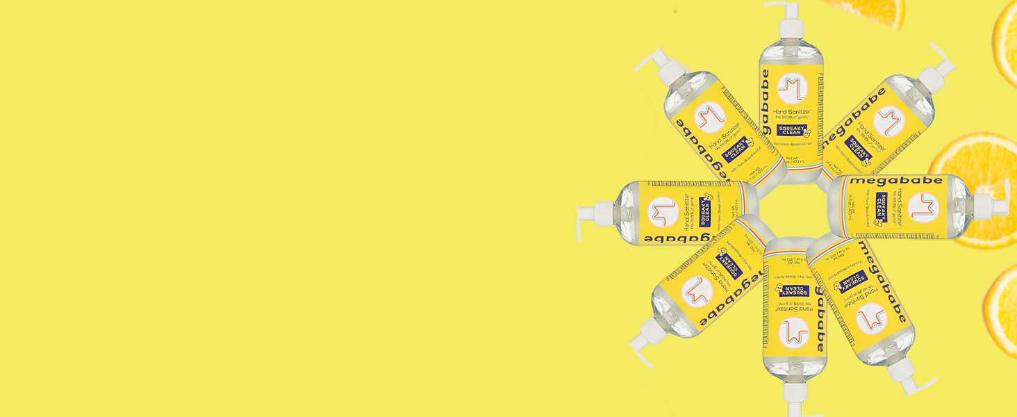 Hand sanitizer on yellowbackground.