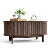 LINSY HOME Coffee Table, Mid Century Modern Coffee Table with Sliding Tambour Door, Fluted Accent...
