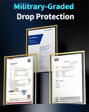 Military-grade certification documents displayed against dark background, highlighting drop protection certification status.