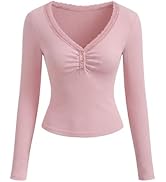 MEROKEETY Women's 2026 Fall Long Sleeve Tops V Neck Lace Trim Ruched Ribbed Button Henley Shirts ...