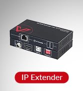 Black IP Extender device with multiple ports, compact rectangular design with red label indicating 'IP Extender'.