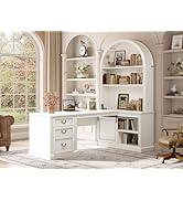 SEDETA 67" L Shaped Desk with Tall Arched Bookshelf, Mid-Century Office Computer Desk with 3 Draw...