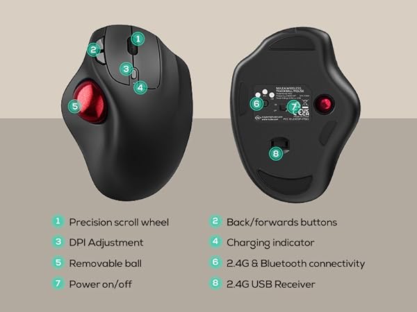 Nulea M511 Wireless Trackball Mouse, Rechargeable Ergonomic Thumb-Control Mouse with Tilt Stand