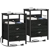 Furologee Nightstand Set of 2, Black Oak, with Charging Station and USB Ports, Side Tables with 2...