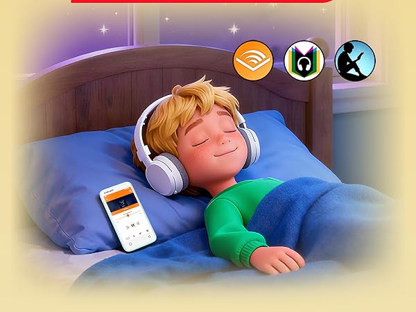 A sleeping boy with headphones listens to music on a smartphone in a cozy bedroom.