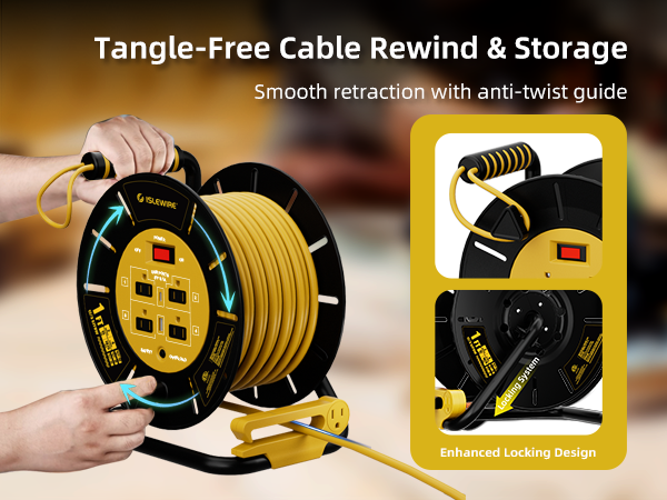 extension cord storage reel with 4-grounded outlets