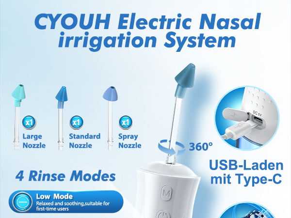 Electric nasal irrigation system with multiple nozzle attachments, 360-degree rotation capability, and USB Type-C charging, featuring 4 rinse modes.