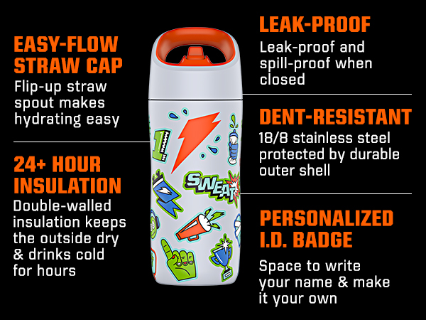 Easy-Flow Straw Cap, Leak-Proof, 24+ Hour Insulation, Dent resistant, Personalized I.D. badge